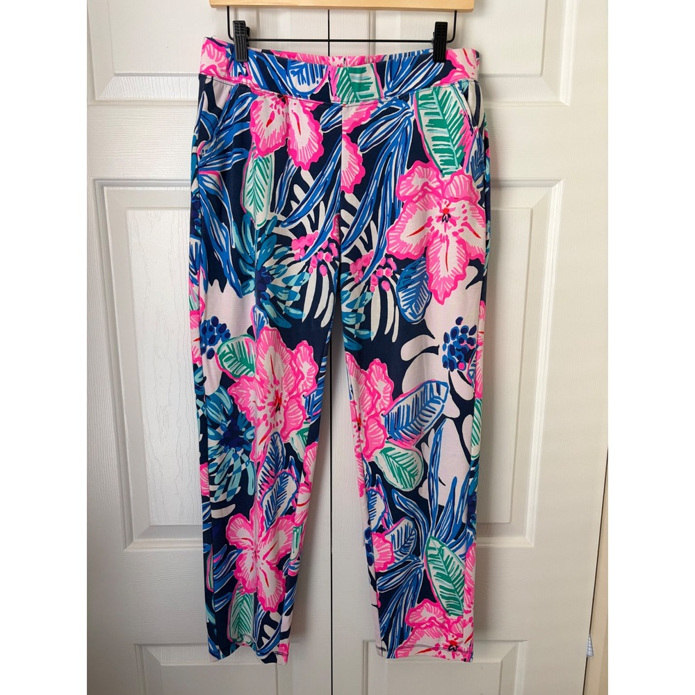 Lilly Pulitzer Floral Knit Pants Womens M Pink Blue Tropical Preppy Casual Beach